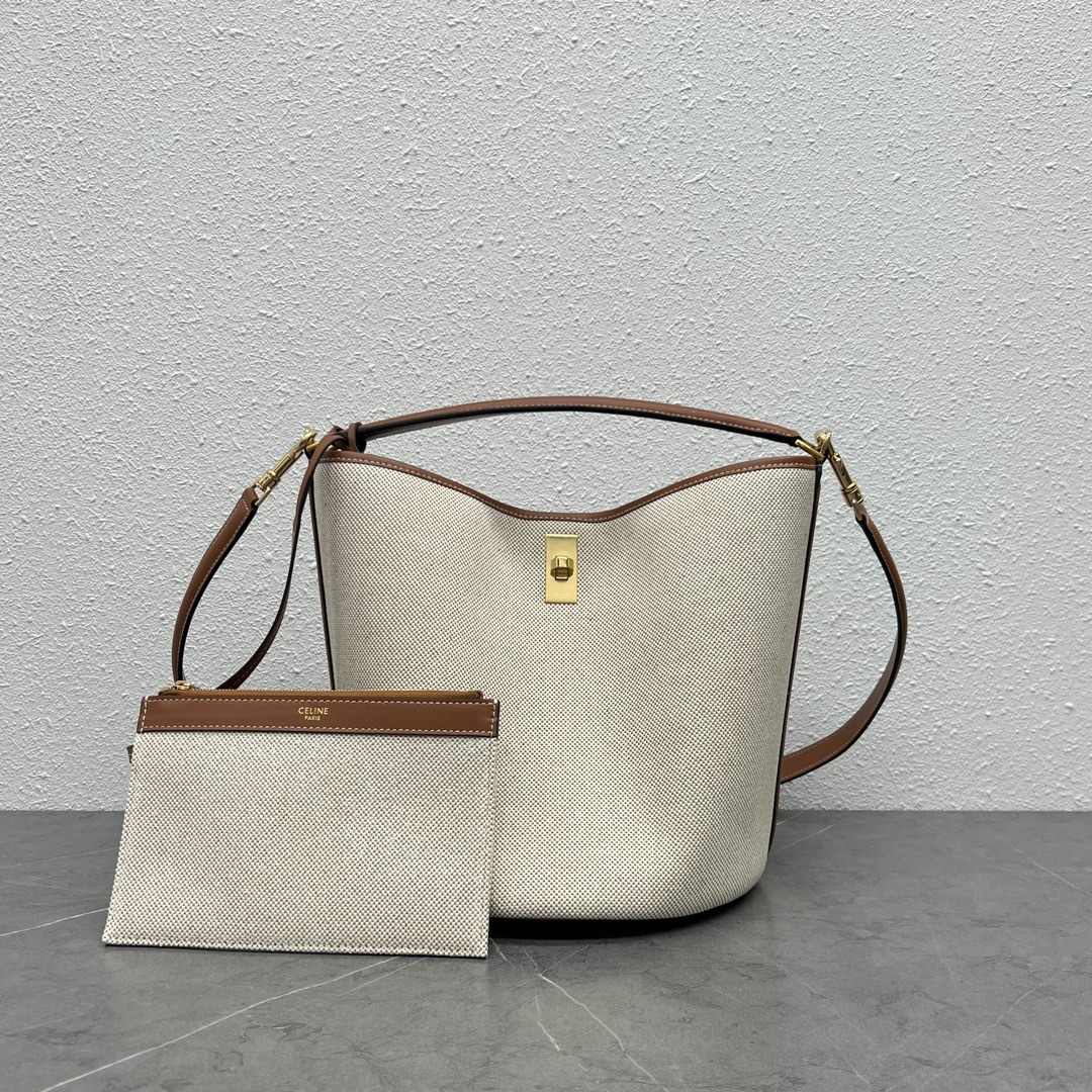 Celine Bucket 16 Smooth Calfskin Canvas Handbag Shoulder Bag Tan/White 195573